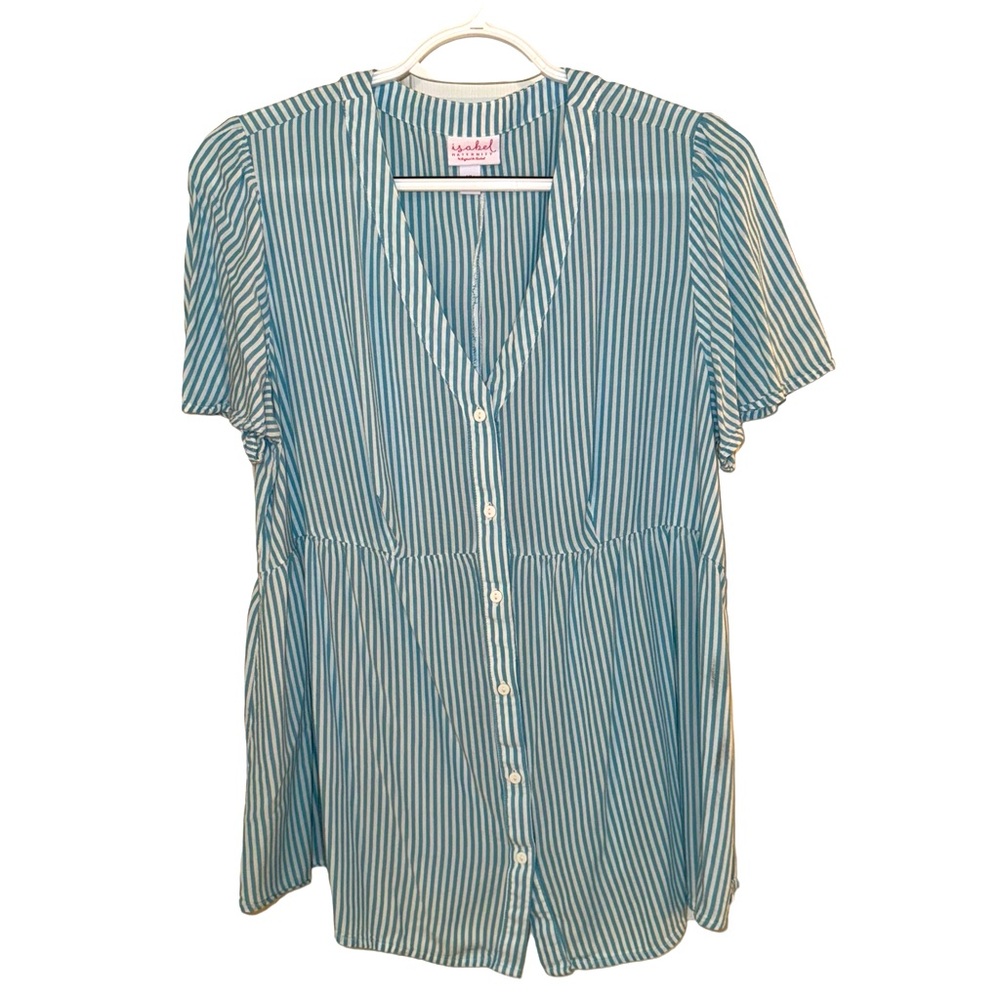 Women’s Isabel Maternity Blue And White Striped Short Sleeve Blouse. Size XL.